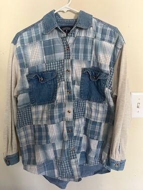 90’s Style Patchwork Blue Plaid Button-Up Shirt with Waffle Knit Sleeves